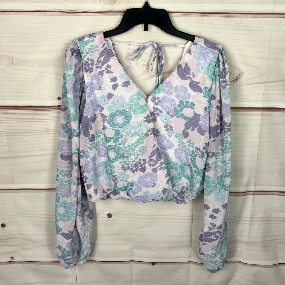 Midnight Sky‎ Top Womens S Purple Green Floral Blouse Crinkle Faux Wrap Cropped